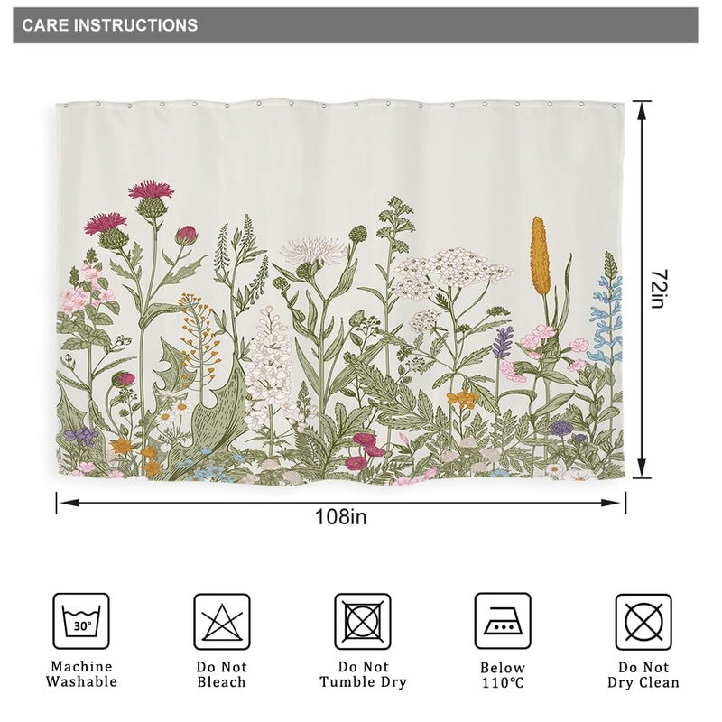 Riyidecor Extra Wide 108Wx72H Wildflower Clawfoot Tub 9ft Shower Curtain 108 Inch 18 Metal Hooks Botanical Colorful Border Herbs Decor Bathroom Windows Balconies Fabric Polyester Waterproof - Image 3